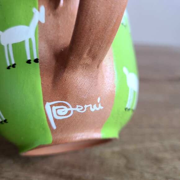 Peru red clay handmade hand painted cup and saucer with goat design. - Picture 3 of 7